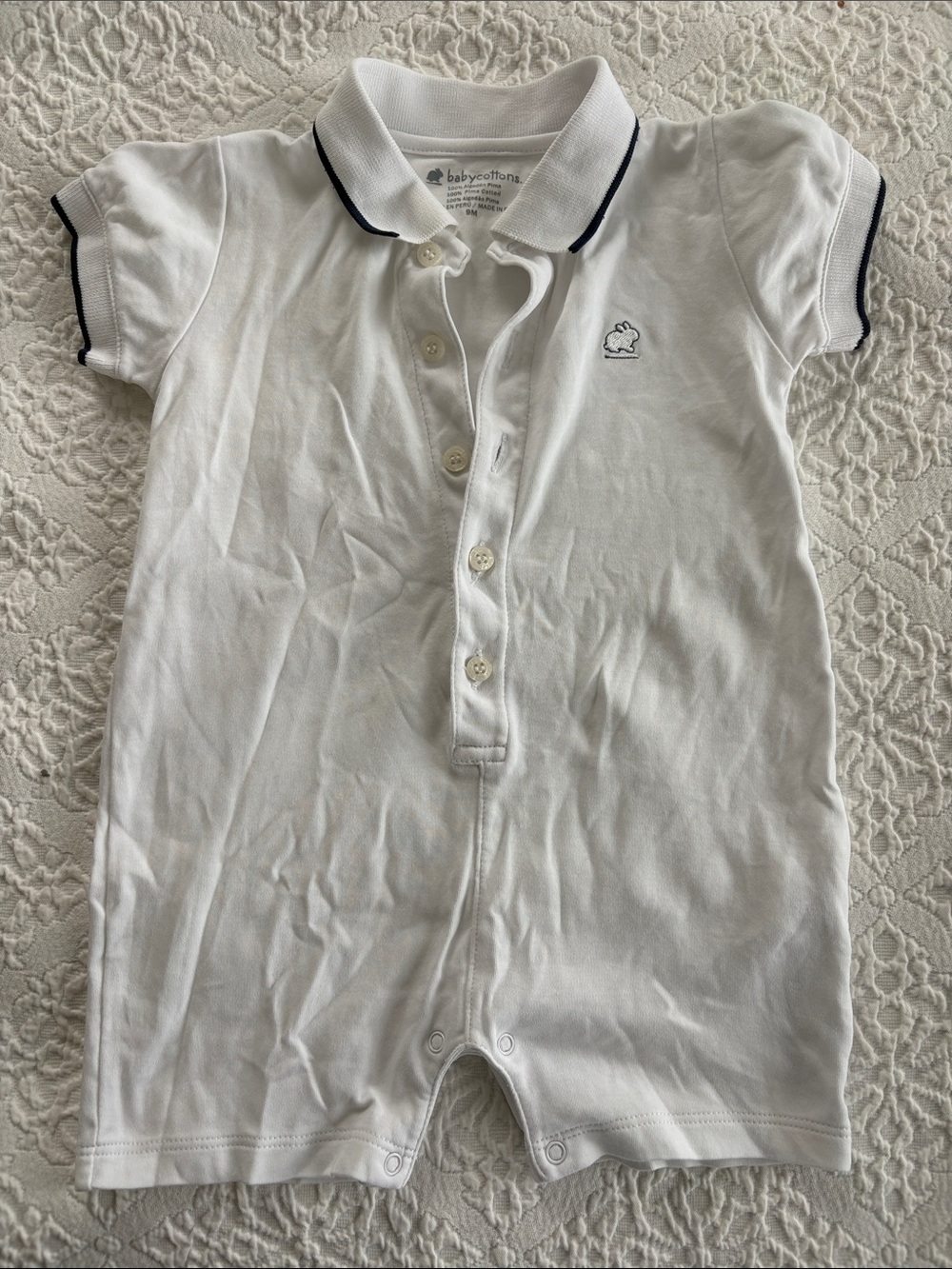 babycottons White Polo-Style One-Piece with Navy Trim